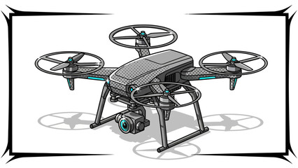 Modern drone with camera in detailed cartoon style on white background