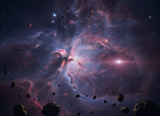 A breathtaking cinematic depiction of a vibrant nebula glowing against the dark void of deep space, surrounded by sparkling star clusters and floating cosmic debris, capturing the mystery.