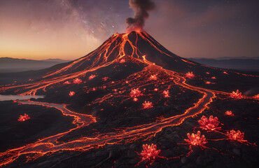 A majestic landscape of an erupting volcano under a starry night sky featuring the Milky Way. Glowing red-orange lava flows down the slopes, forming crystalline flower-like structures.