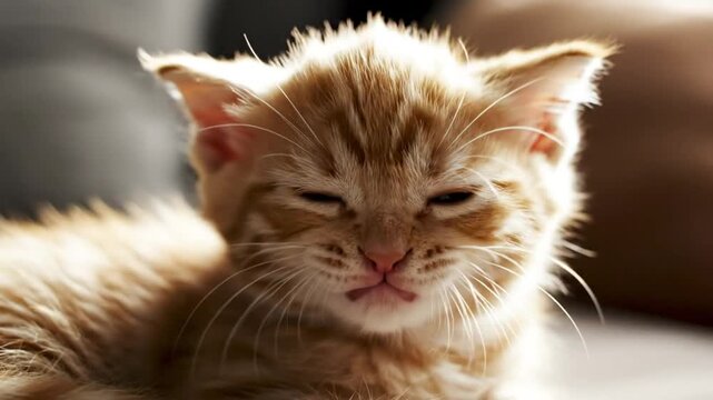 Cute orange kitten yawning widely showing its teeth close up in soft natural light