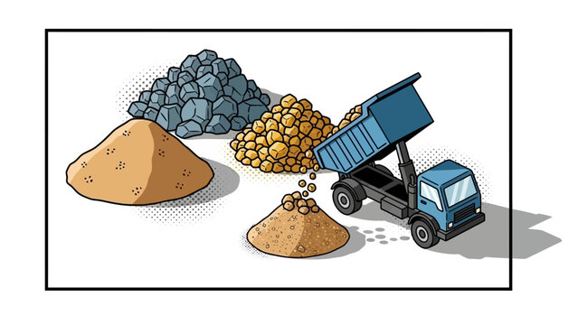 Cartoon dump truck unloading sand and gravel in construction site scene
