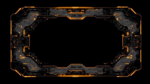 Futuristic digital interface with orange and grey design on a black background