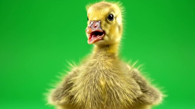 Cute baby gosling with yellow and brown feathers looking at the camera with its mouth open on a green background