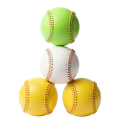 Colorful Softballs Pyramid: Neon Green, White, and Yellow on White Background