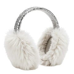 Elegant Fluffy White Earmuffs with Silver-Sequined Headband