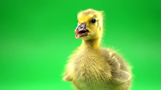 Cute Gosling Bird Making Noise and Looking Around on a Bright Green Background with Mouth Open