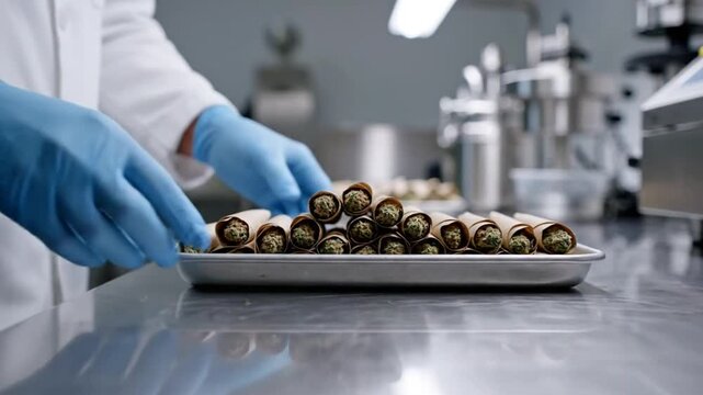 Lab worker wearing gloves carefully arranging a tray of pre-rolled cannabis joints on a stainless steel surface