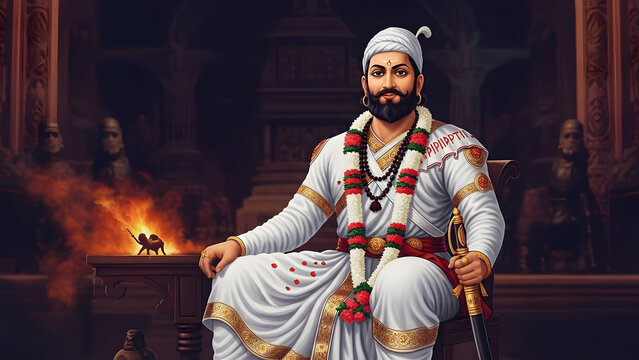 Chhatrapati Shivaji Maharaj king throne palace room interior fire flame light seat ruler leader jewelry turban sword peace wisdom history