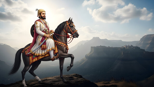 Shivaji Maharaj warrior king horse rider mountain fort landscape rock hill sky cloud sun light nature outdoor history travel destination view