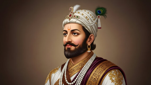 King Shivaji Maharaj portrait face man leader warrior turban pearl necklace jewelry beard mustache look history culture tradition royalty pride gold