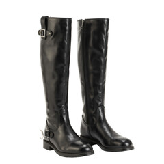 Polished Black Leather Equestrian Riding Boots with Silver Spurs