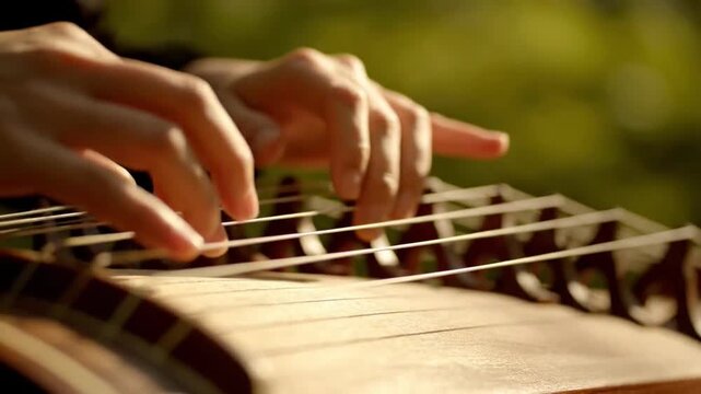 Close-up of hands playing a traditional string instrument outdoors.