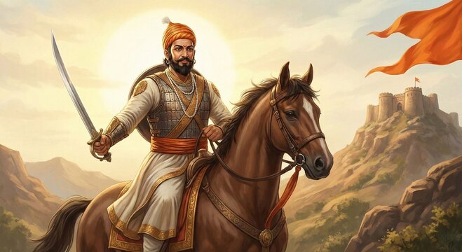 horse rider sword warrior shivaji maharaj leader sunset fort landscape sun light history banner design tradition culture