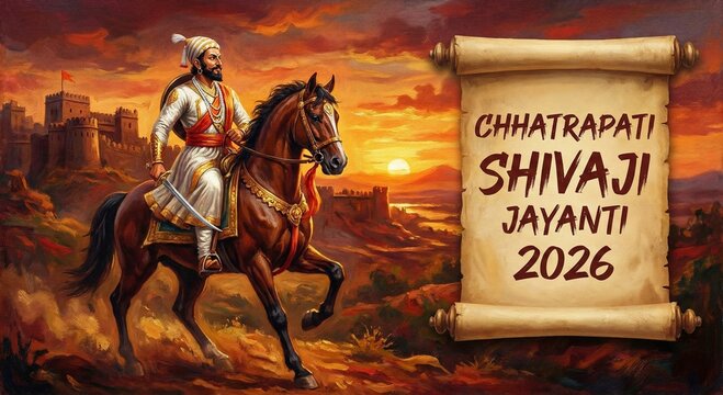 Scroll message poster horse rider shivaji maharaj warrior leader sword fort sunset castle landscape history tradition culture