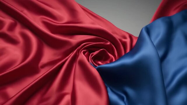 Elegant red and blue silk fabric flowing and swirling, creating a luxurious backdrop.