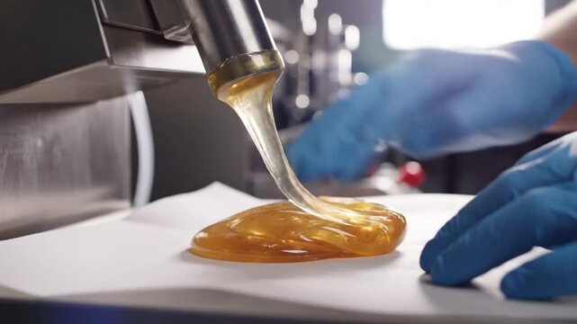 Close-up of golden honey-like substance being dispensed from a machine onto parchment paper