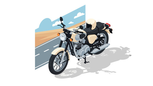 Classic motorcycle with desert background and helmet on roadside in isometric style