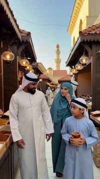 A Muslim family walks through the market during Ramadan (the month of fasting for Muslims) and Muslim Mosque