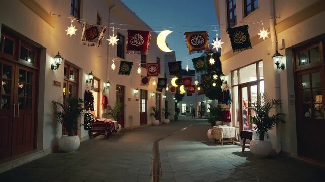 An Islamic street or market filled with decorations for the holy month of Ramadan (the month of fasting for Muslims)