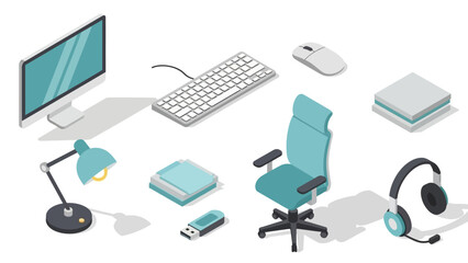 Isometric office essentials: technology and furniture in modern workspace design