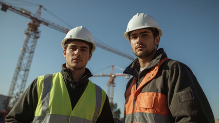 Fototapeta premium Two construction workers wearing safety gear and helmets at a construction site with cranes in the background