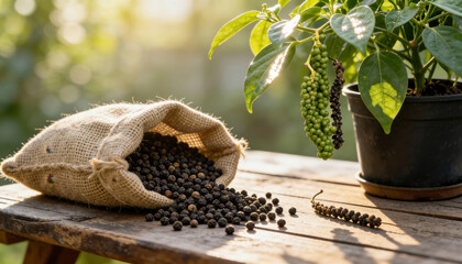 Black peppercorns spilling from burlap sack beside potted pepper plant in sunlight