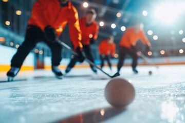 Dynamic Ice Hockey Match in Progress with Players and Ball on Rink.