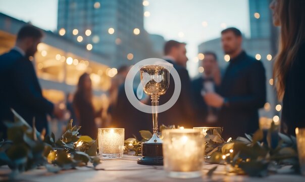 Elegant outdoor evening event with blurred guests and illuminated table setting.