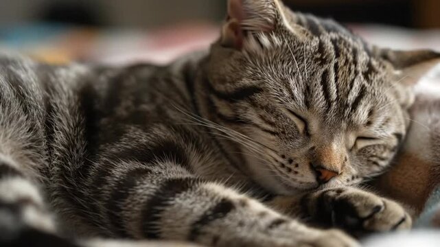 Close up view of a peaceful tabby cat sleeping soundly and purring softly while lying on a patterned blanket