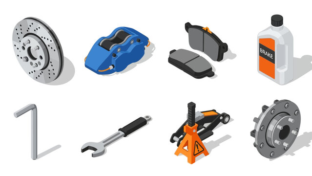Essential car maintenance tools and parts in isometric style for auto repair enthusiasts