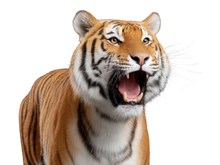 Fototapeta premium Majestic Tiger Roaring with Intensity Amidst a Neutral Background in Stunning Detail and Vibrant Colors