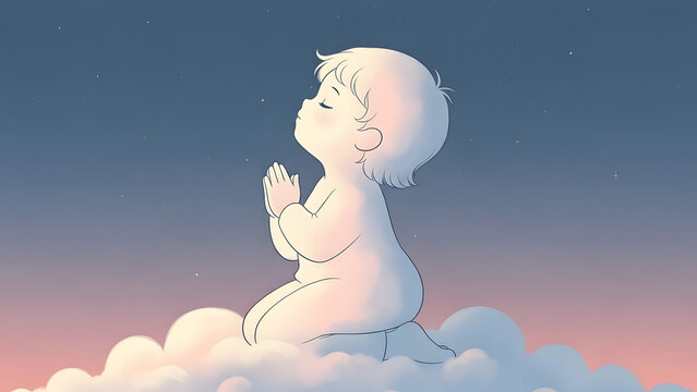Child Praying Amidst Cumulus Clouds in Peaceful Celestial Scene