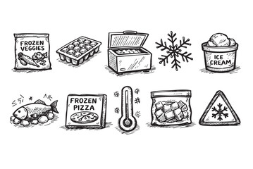 Hand-drawn illustration of various frozen food items and related symbols; ideal for illustrating concepts related to food, grocery shopping, or healthy eating habits.