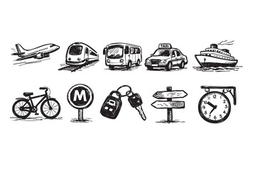 Naklejka premium A collection of black and white sketch drawings of different modes of transport; including a plane, train, bus, taxi, ship, bicycle, keys, and more.