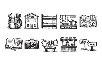 A set of hand-drawn travel icons depicts budget backpacking including hostel, map, cooking, and camera in a sketch style on a white background. Use for blogs or infographics.