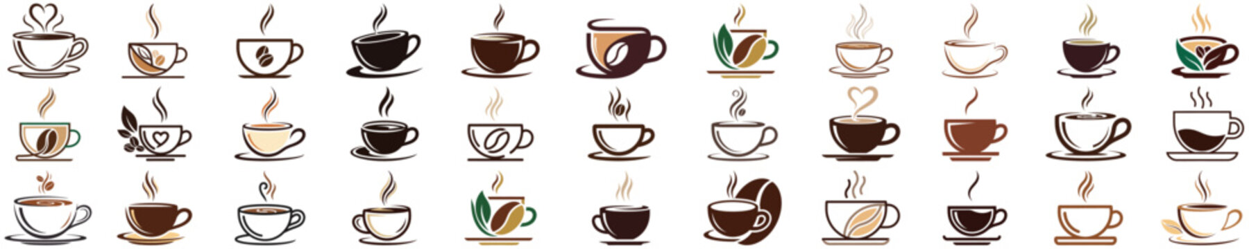 Set of coffee cup vector icons in flat line style. Minimal caf&eacute; symbols with steam, beans, leaves, and saucers. Brown and beige color palette. Clean outline design isolated on transparent background