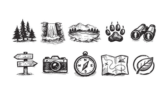 Black and white sketches show icons of hiking and outdoor exploration: mountains, trees, a compass, a map, binoculars, a leaf, a camera and a paw print.