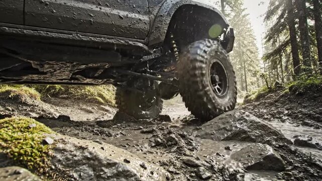 Off-road vehicle driving through muddy terrain with water and rocks splashing in forest adventure
