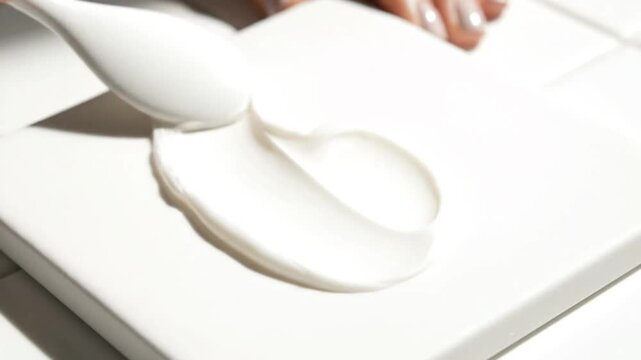 Creamy white cosmetic product being smoothed with a small white spoon on a white tile surface