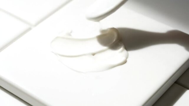 Spreading a dollop of white cream on a white tile with a small white spatula, beauty product test