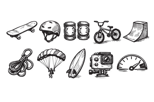 Sketched extreme sports equipment including skateboard, helmet, knee pads, bike, ramp, rope, parachute, surfboard, action camera, and gauge in black and white.