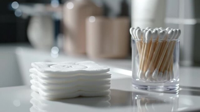 Close-up shot of bathroom essentials like cotton pads and q-tips with gentle water sound effects