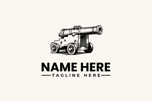 A black and white illustration of a cannon with placeholder text for a logo or name in a simple, iconic style against a clean background.