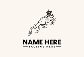 Black and white illustration of a frog wearing a crown jumping above a placeholder logo with a tagline on a beige background. © vectorvovdesign