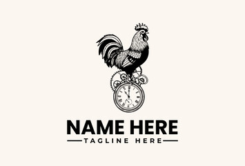 Black and white illustration of a rooster standing on a pocket watch with a placeholder name and tagline on a beige background. © vectorvovdesign