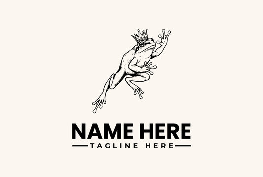 A minimalist line art illustration of a frog wearing a crown, jumping upwards with a tagline and placeholder text on a clean white background, featuring a logo and vector pictogram design.