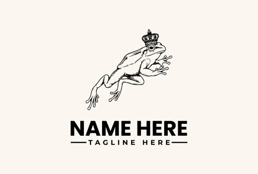 Black and white illustration of a frog wearing a crown jumping above a placeholder logo with a tagline on a beige background.