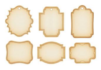 Six antique-style blank paper labels with ornate shapes, aged textures in beige, cream, brown, isolated on white with copy space, top-down view, concept of elegant vintage customization