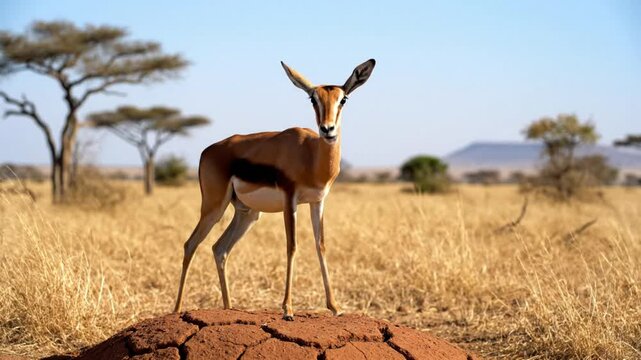 Graceful Springbok Gazelle Staring Forward in its Natural Savannah Habitat with Calm Wilderness and Dry Grass in Southern Africa