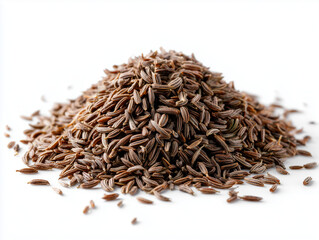 AI-generated image - A close-up, high-detail macro view of a pile of whole dried cumin seeds (Cuminum cyminum) against a clean white background. 